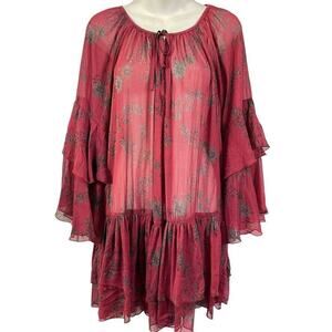 Free People Womens Sheer Longline Bell Sleeve Oversized Red Floral Top Dress XS